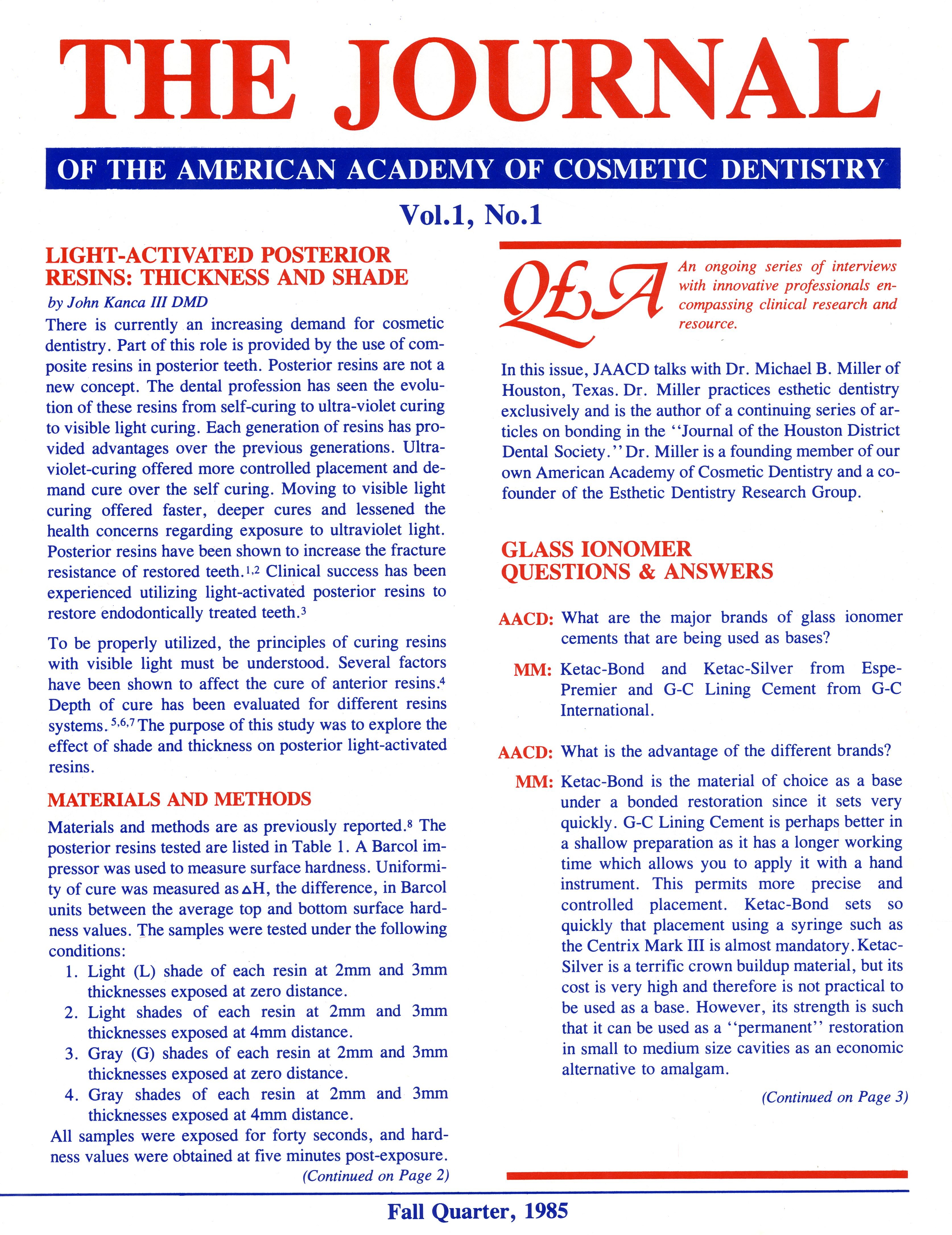 American Academy of Cosmetic Dentistry Journal of Cosmetic Dentistry Volume 1, Issue 1 cover